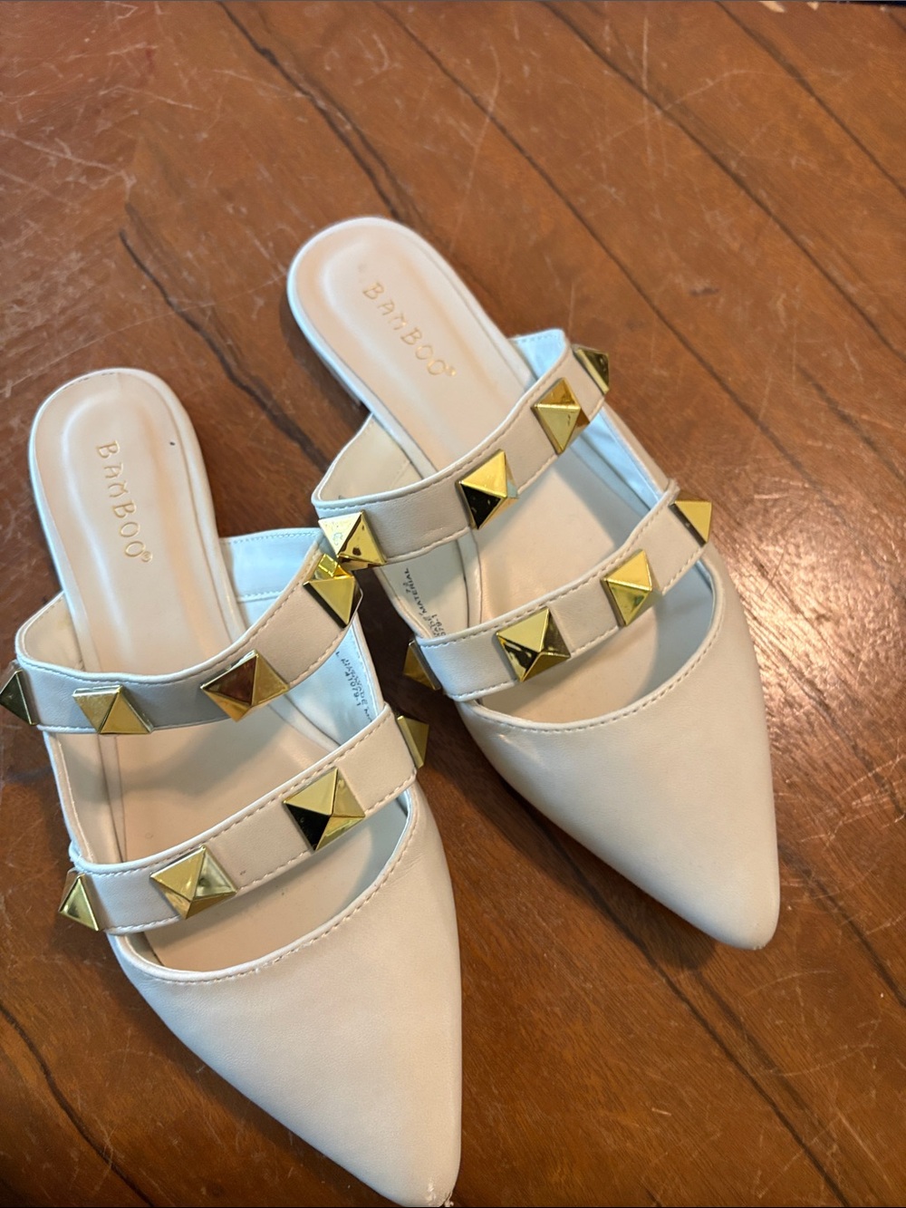 BAMBOO Ivory Pointed-Toe Studded Strap Slide Mules